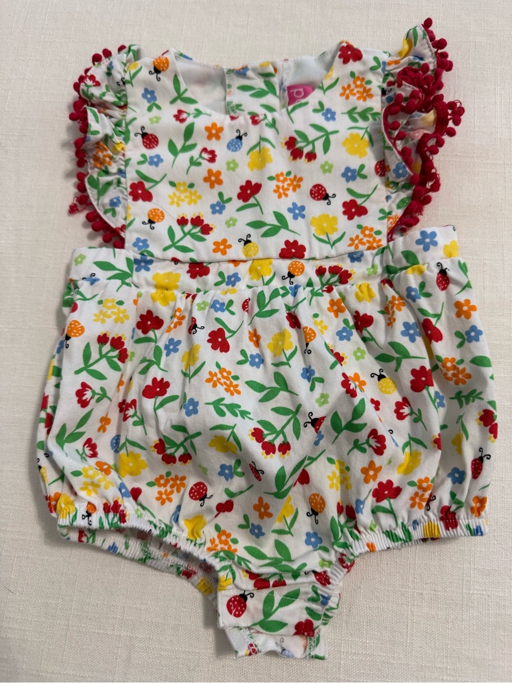 Baby Girls White Floral One-Piece Romper with Red Trim